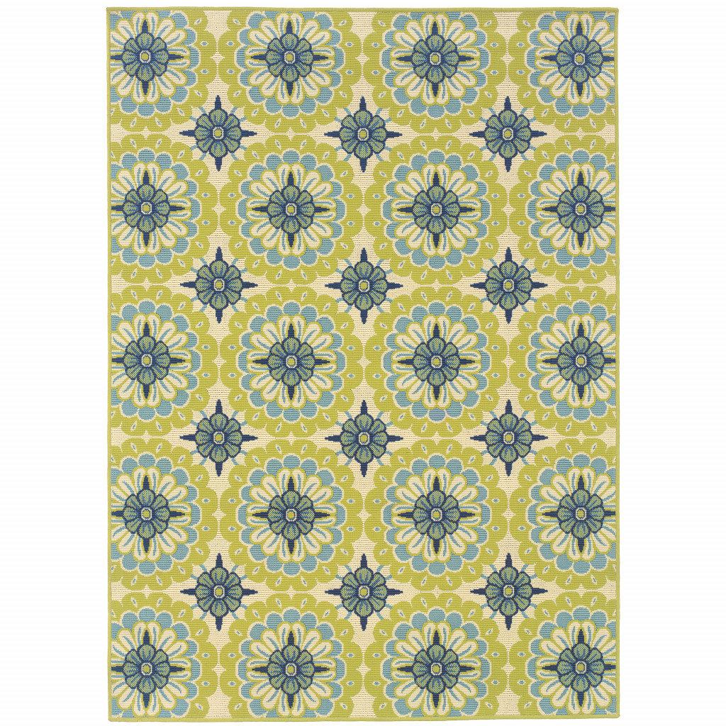 8' X 11' Green and Ivory Floral Stain Resistant Indoor Outdoor Area Rug-506774-1