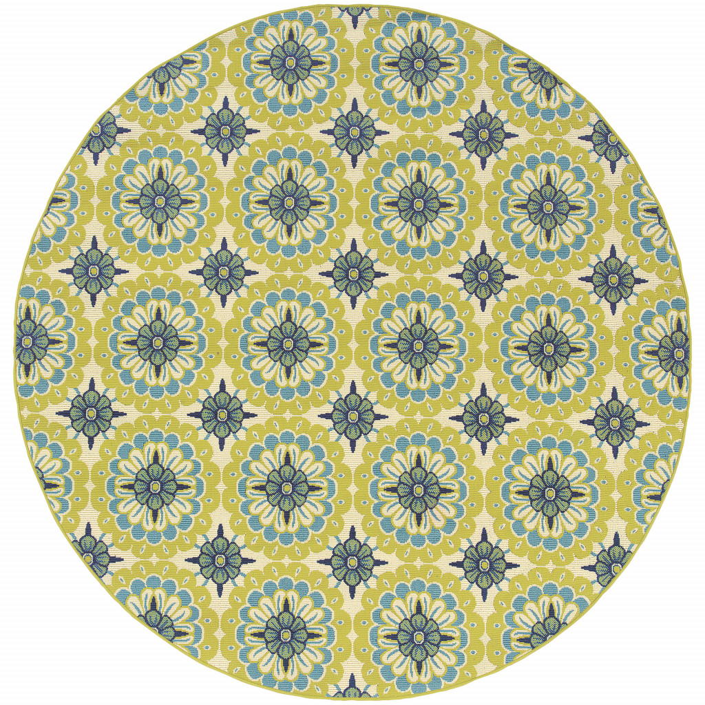 8' X 8' Green and Ivory Round Floral Stain Resistant Indoor Outdoor Area Rug-506776-1