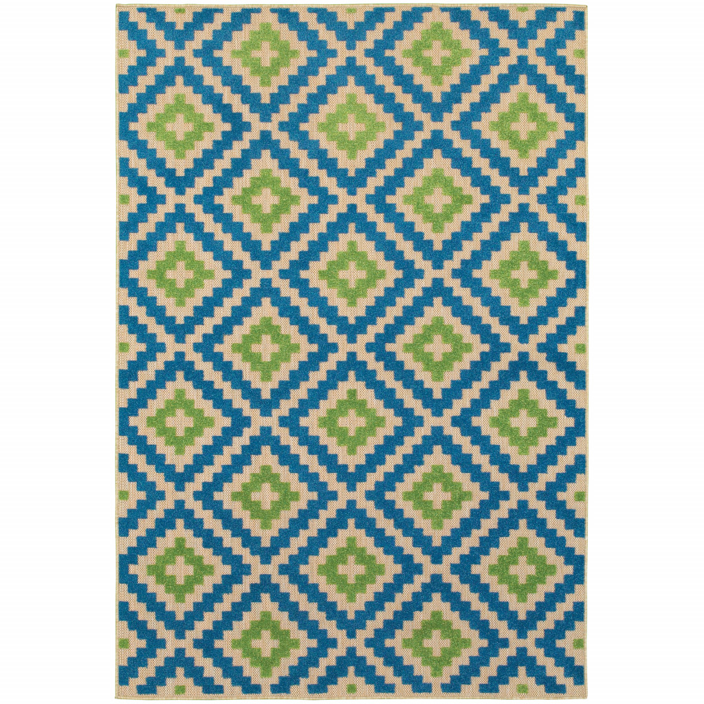 10' X 13' Blue and Beige Geometric Stain Resistant Indoor Outdoor Area Rug-506791-1