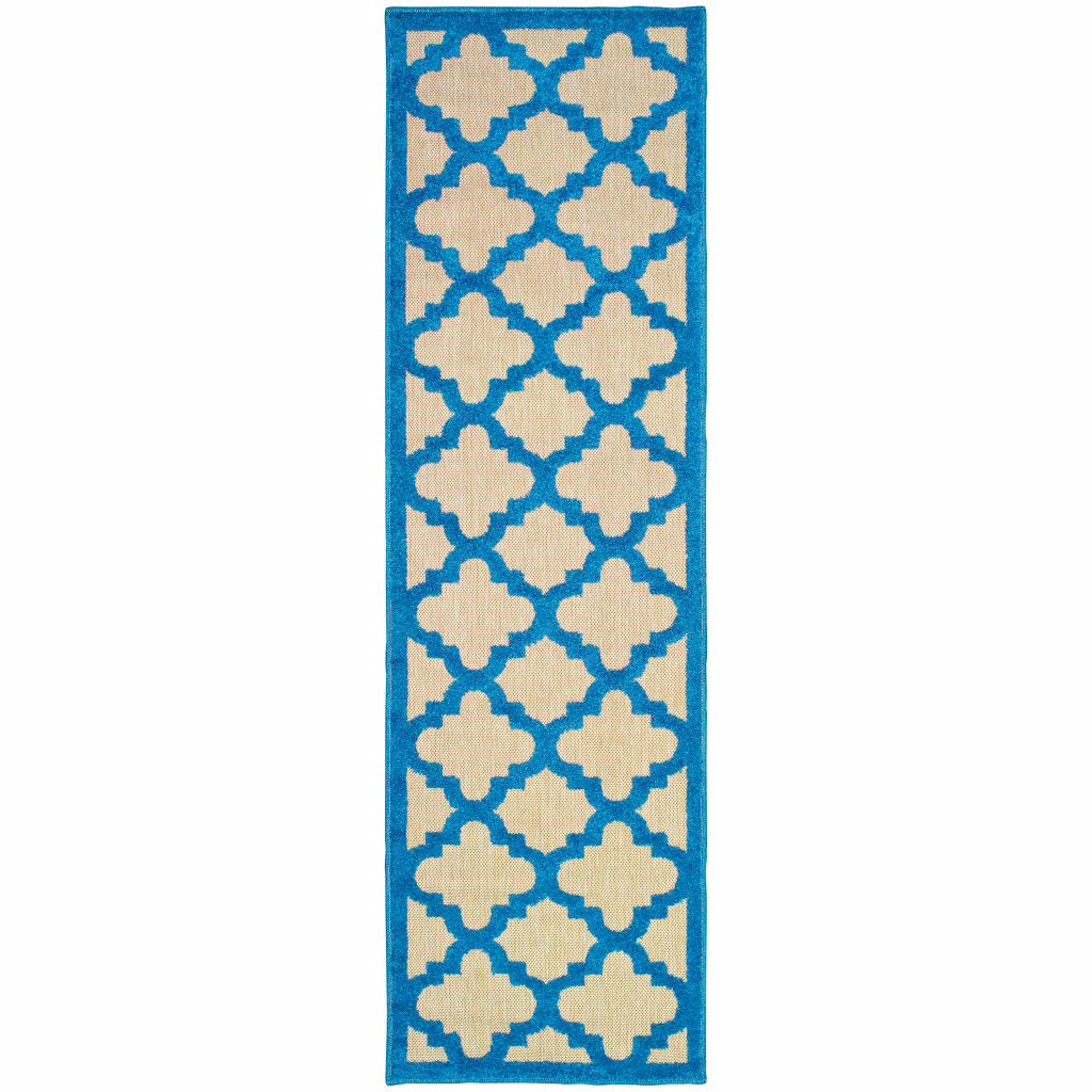 2' X 8' Blue and Beige Geometric Stain Resistant Indoor Outdoor Area Rug-506798-1