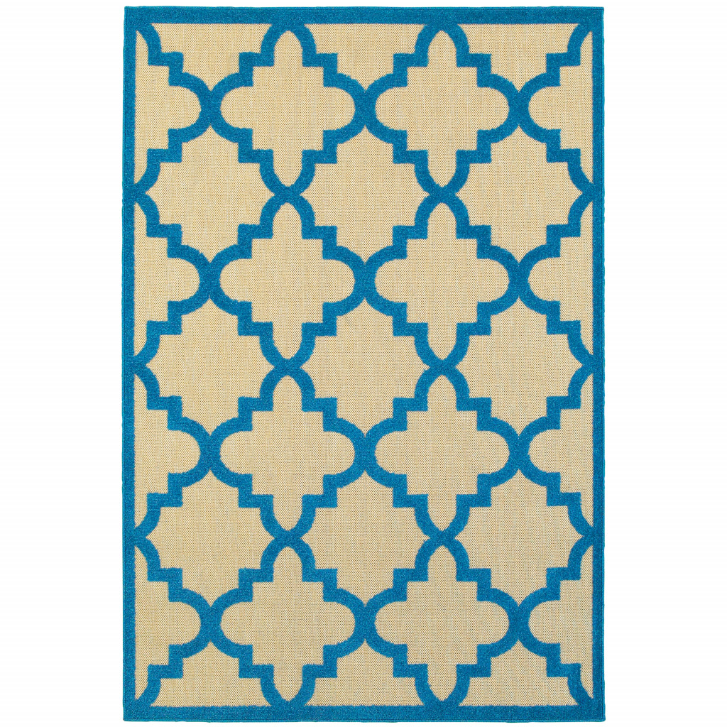 7' X 10' Blue and Beige Geometric Stain Resistant Indoor Outdoor Area Rug-506801-1