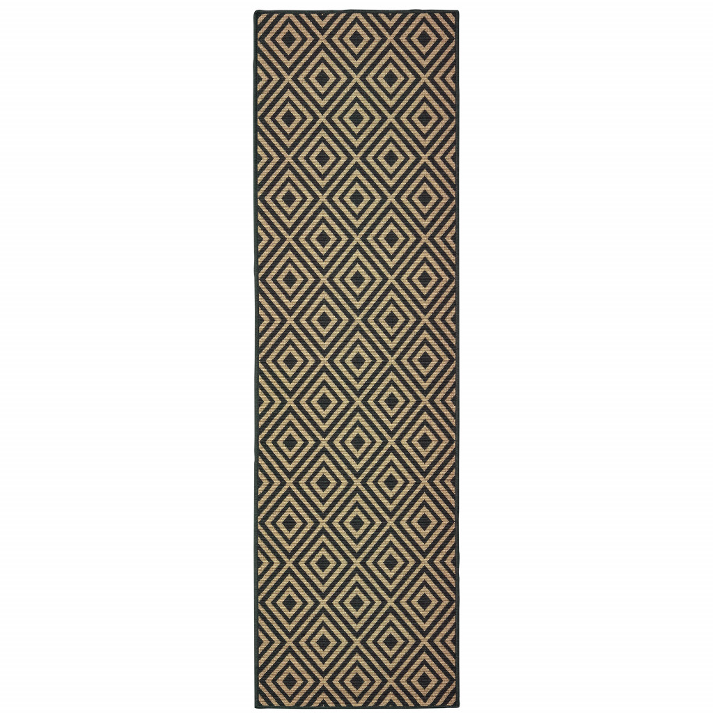 2' X 8' Black and Tan Geometric Stain Resistant Indoor Outdoor Area Rug-507005-1