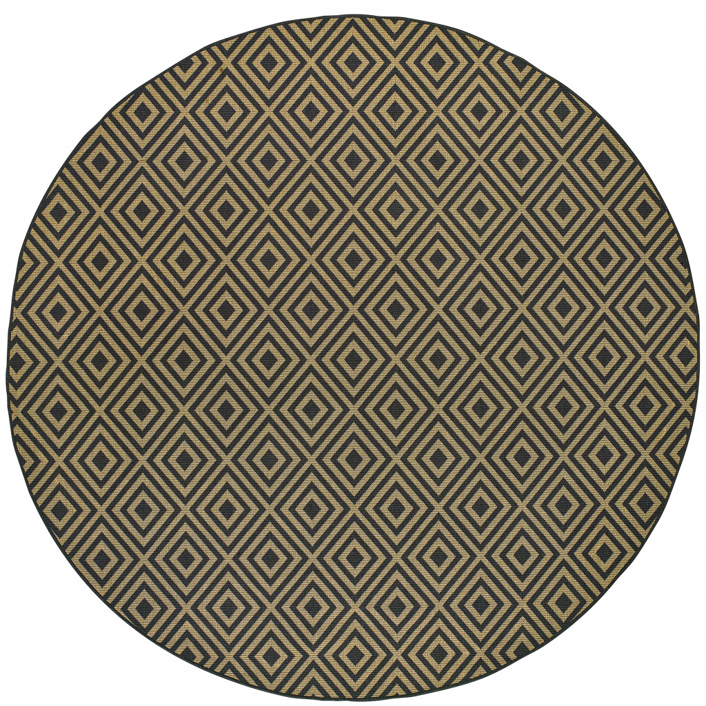 8' X 8' Black and Tan Round Geometric Stain Resistant Indoor Outdoor Area Rug-507012-1