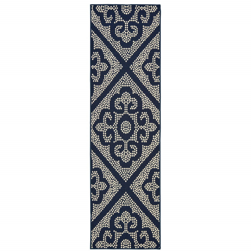 2' X 8' Blue and Ivory Geometric Stain Resistant Indoor Outdoor Area Rug-507023-1