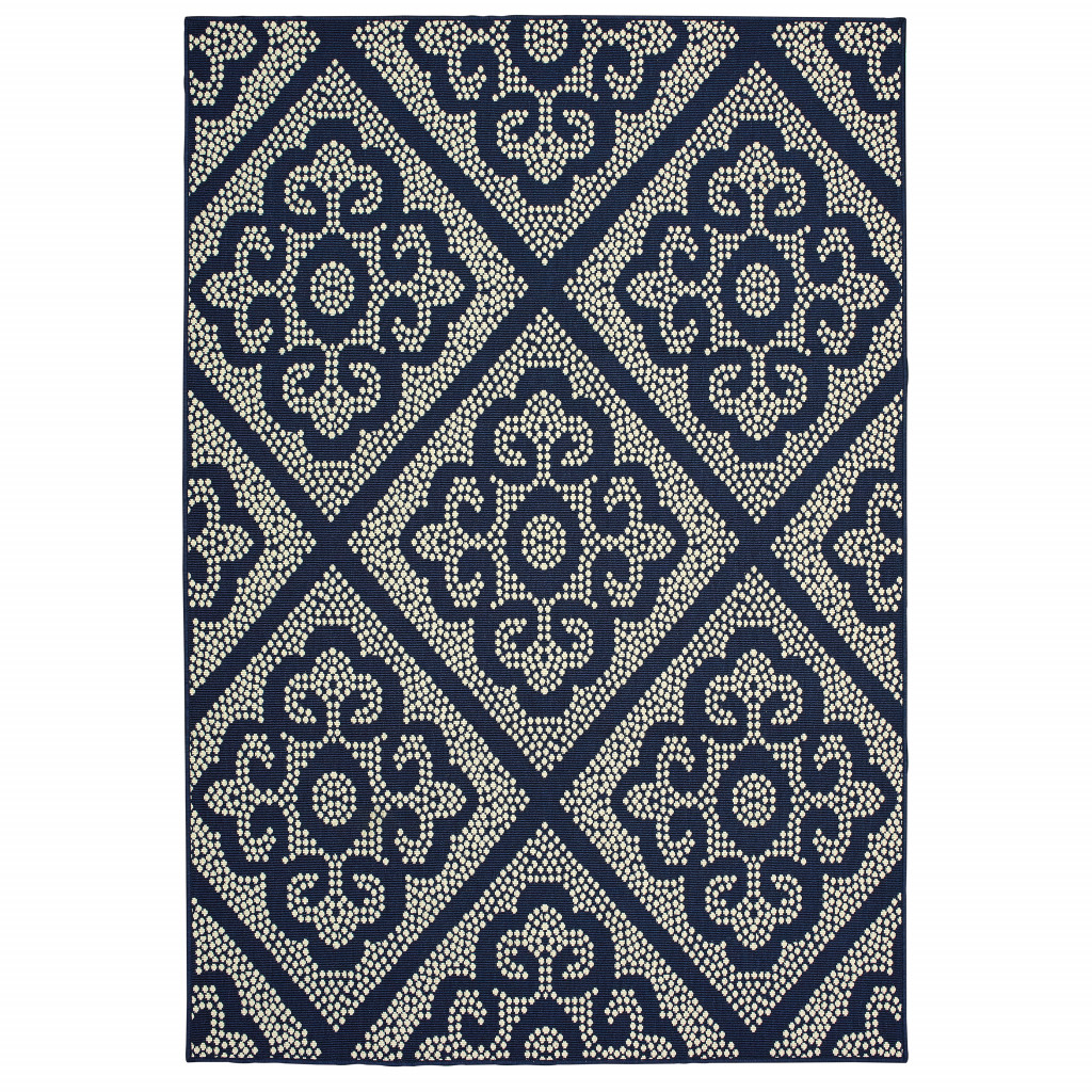 9' X 13' Blue and Ivory Geometric Stain Resistant Indoor Outdoor Area Rug-507029-1