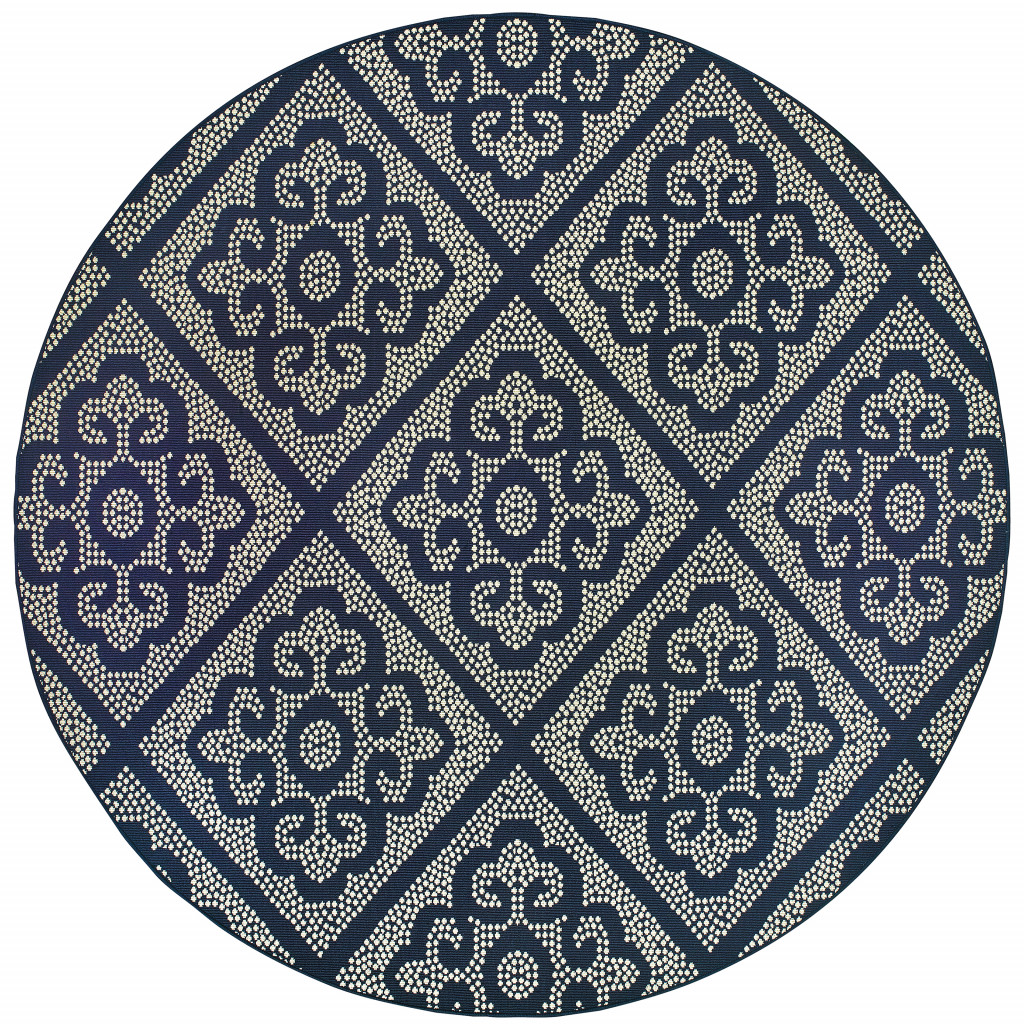 8' X 8' Blue and Ivory Round Geometric Stain Resistant Indoor Outdoor Area Rug-507030-1