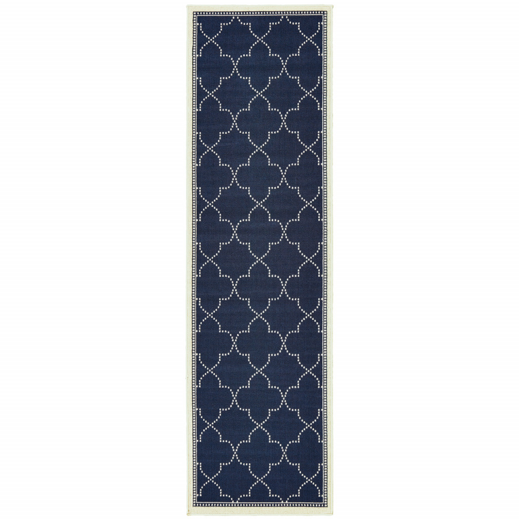 2' X 8' Blue and Ivory Geometric Stain Resistant Indoor Outdoor Area Rug-507059-1