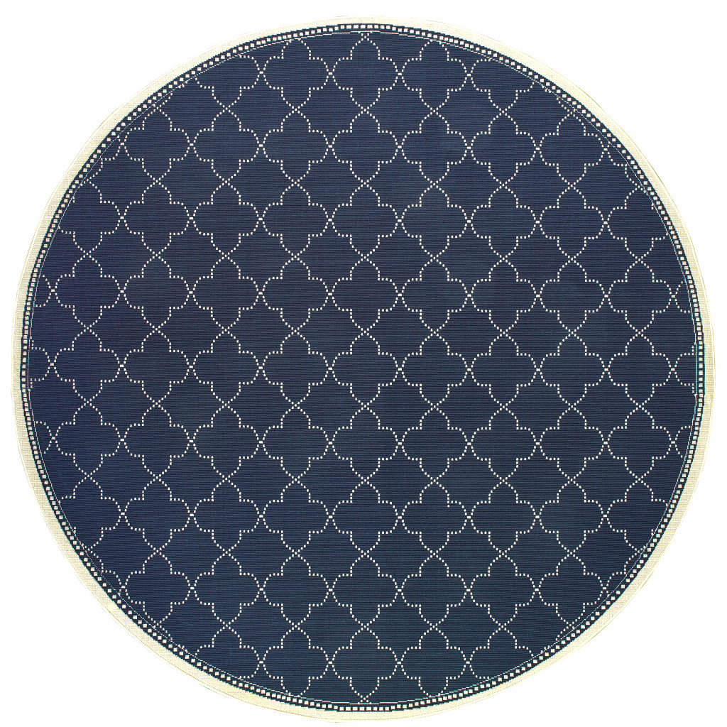 8' X 8' Blue and Ivory Round Geometric Stain Resistant Indoor Outdoor Area Rug-507066-1