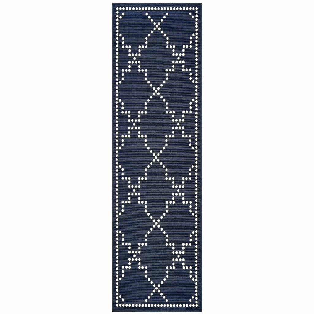 2' X 8' Blue and Ivory Geometric Stain Resistant Indoor Outdoor Area Rug-507068-1