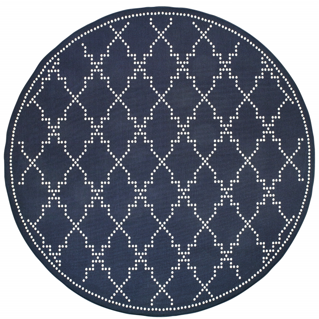 8' X 8' Blue and Ivory Round Geometric Stain Resistant Indoor Outdoor Area Rug-507075-1