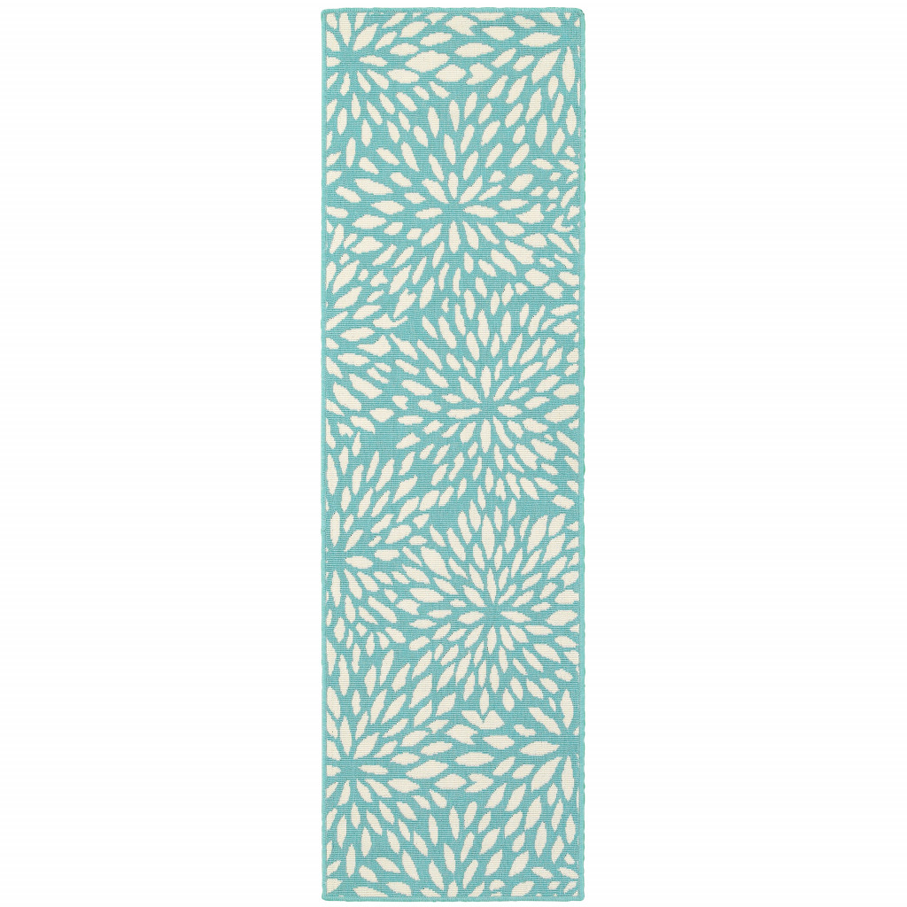 2' X 8' Blue and Ivory Floral Stain Resistant Indoor Outdoor Area Rug-507086-1