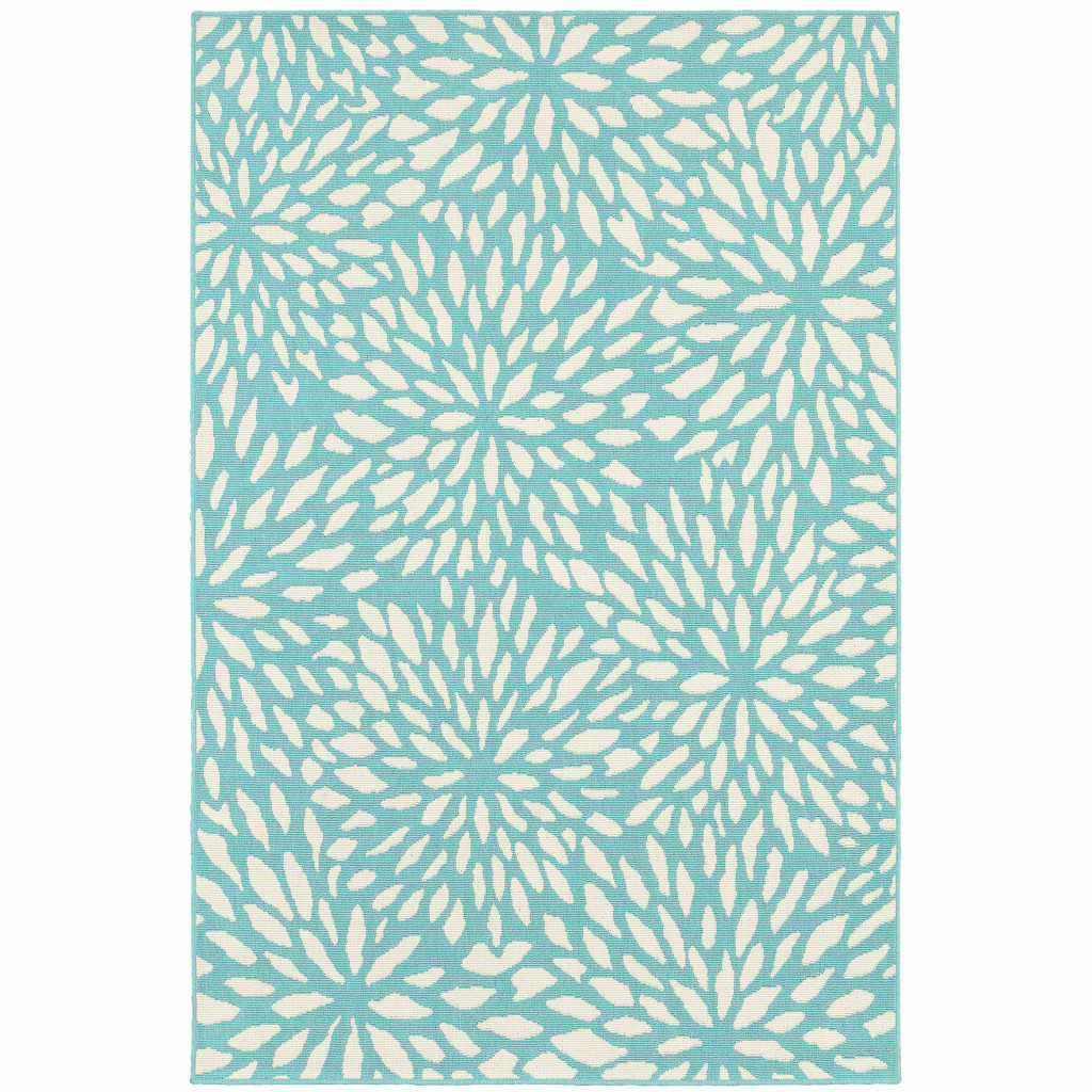 9' X 13' Blue and Ivory Floral Stain Resistant Indoor Outdoor Area Rug-507091-1