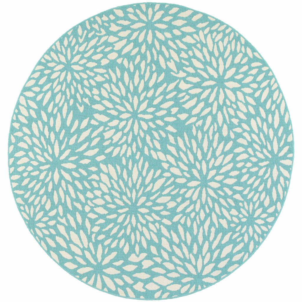 8' X 8' Blue and Ivory Round Floral Stain Resistant Indoor Outdoor Area Rug-507092-1