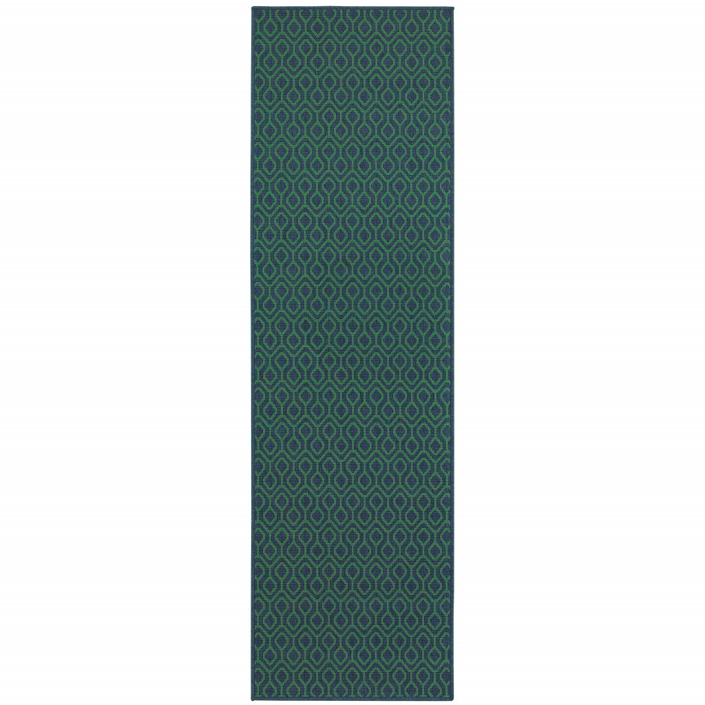 2' X 8' Blue and Green Geometric Stain Resistant Indoor Outdoor Area Rug-507094-1
