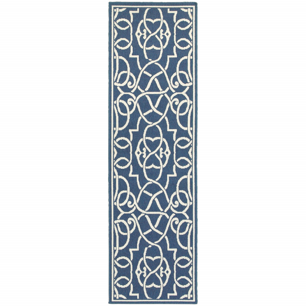2' X 8' Blue and Ivory Geometric Stain Resistant Indoor Outdoor Area Rug-507102-1
