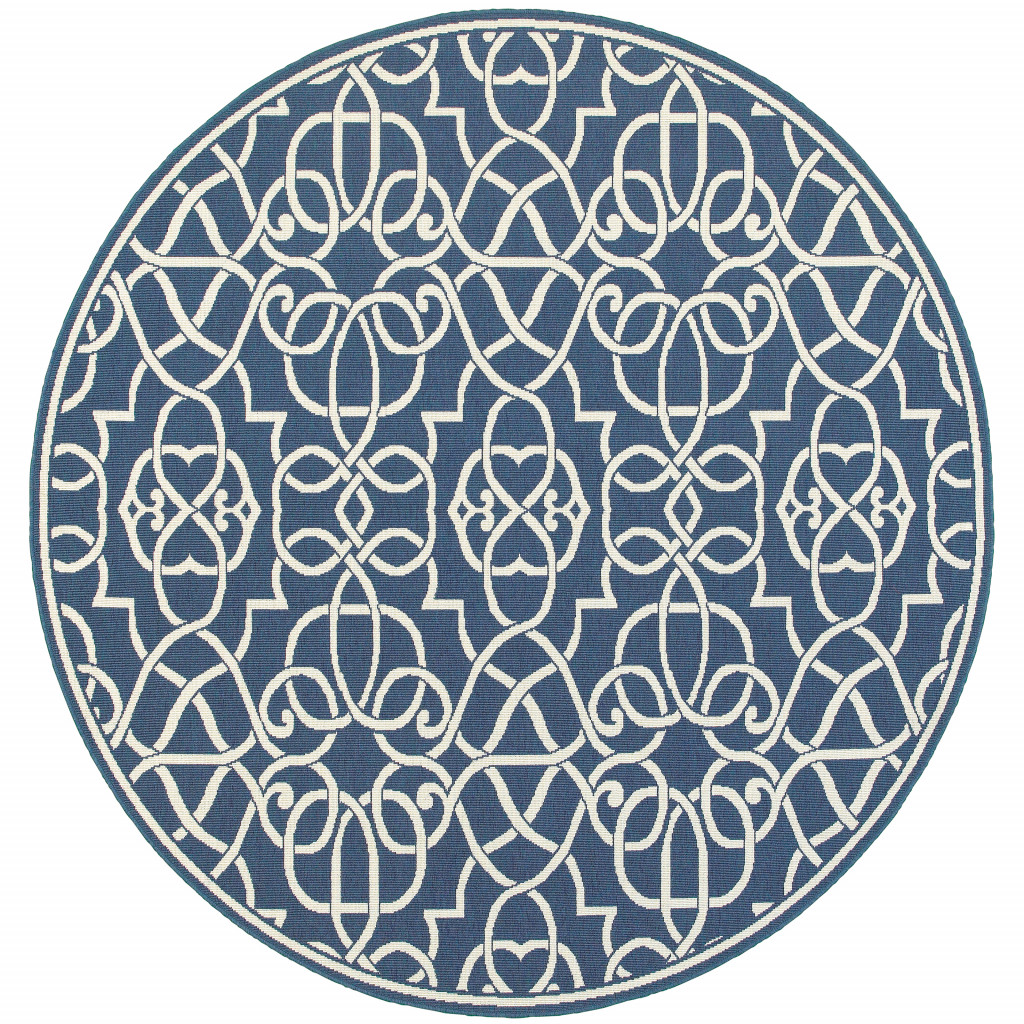 8' X 8' Blue and Ivory Round Geometric Stain Resistant Indoor Outdoor Area Rug-507108-1