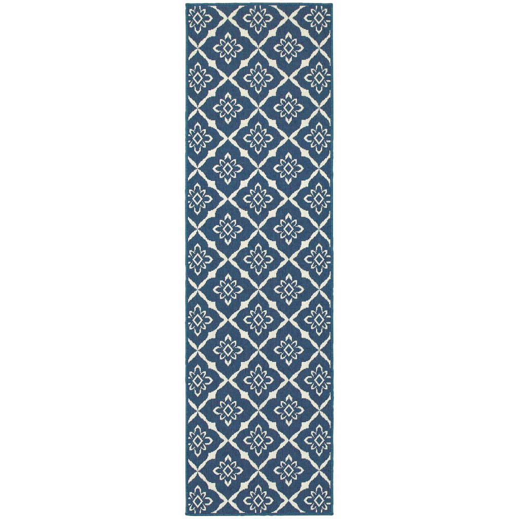 2' X 8' Blue and Ivory Floral Stain Resistant Indoor Outdoor Area Rug-507158-1