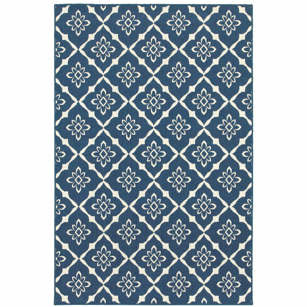 7' x 10' Blue and Ivory Floral Stain Resistant Indoor Outdoor Area Rug-507161-1