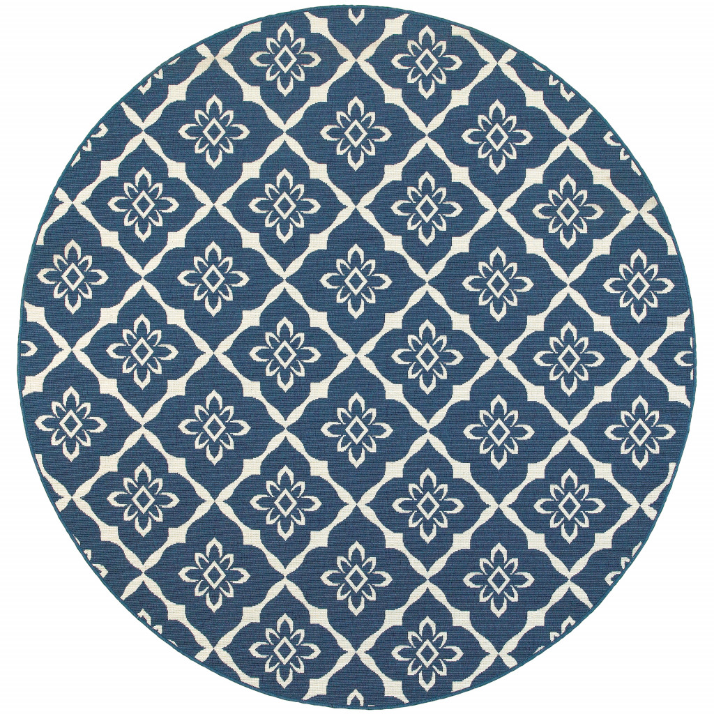 8' X 8' Blue and Ivory Round Floral Stain Resistant Indoor Outdoor Area Rug-507164-1