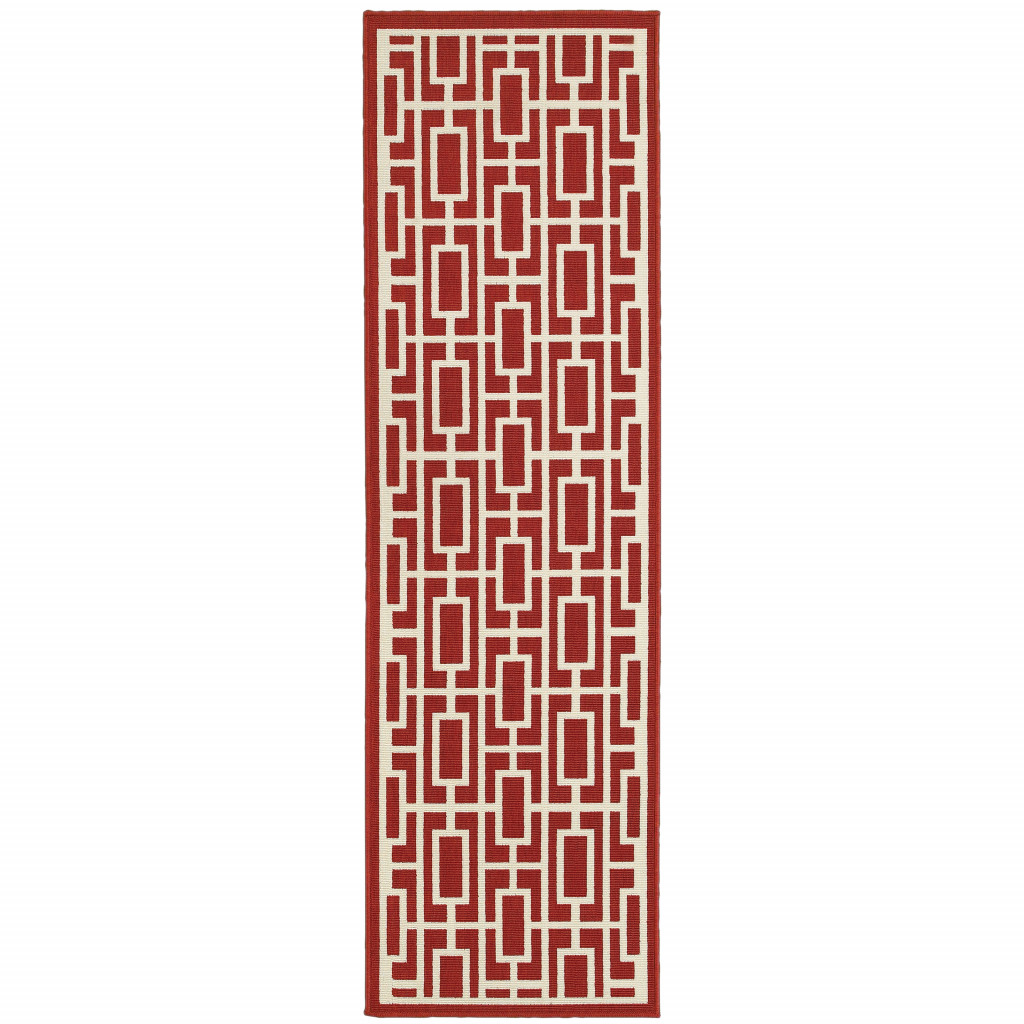 2' X 8' Red and Ivory Geometric Stain Resistant Indoor Outdoor Area Rug-507190-1