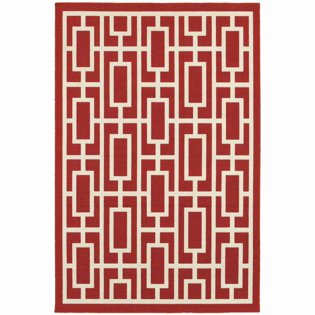 4' X 6' Red and Ivory Geometric Stain Resistant Indoor Outdoor Area Rug-507191-1