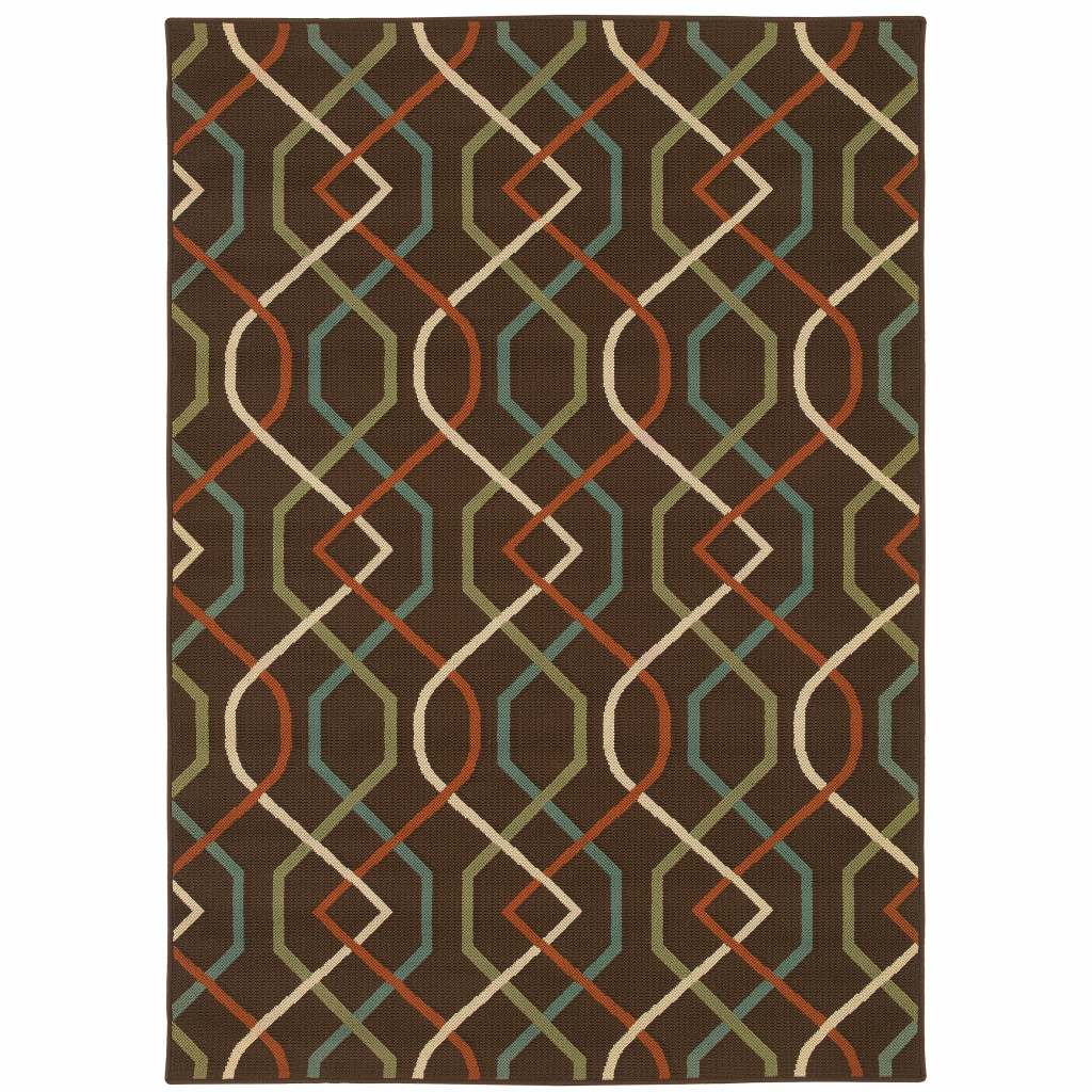 5' X 8' Brown and Ivory Geometric Stain Resistant Indoor Outdoor Area Rug-507264-1