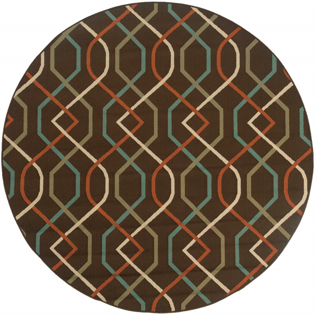 8' X 8' Brown and Ivory Round Geometric Stain Resistant Indoor Outdoor Area Rug-507268-1