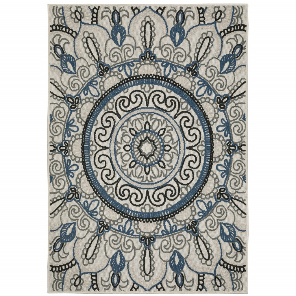 10' X 13' Blue and Beige Geometric Stain Resistant Indoor Outdoor Area Rug-507475-1