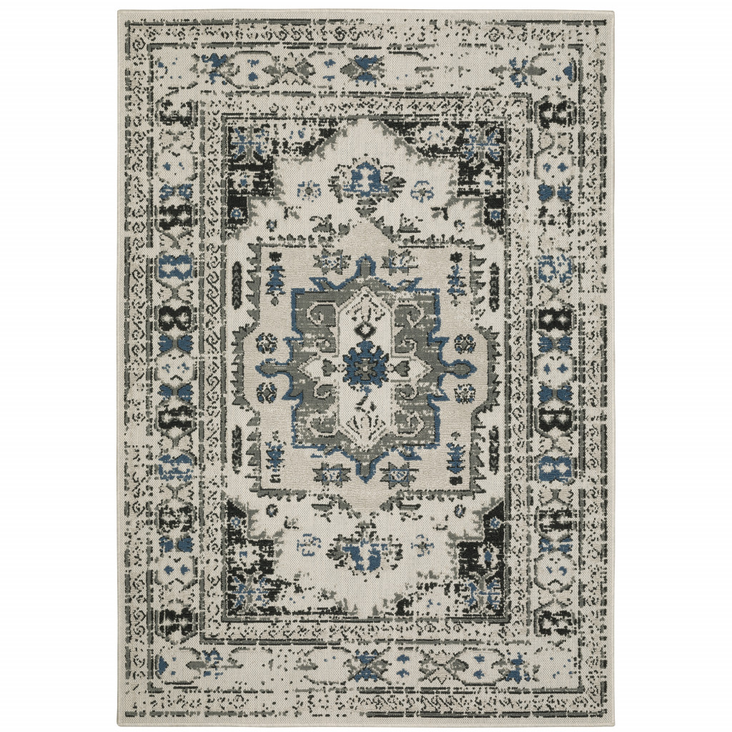 2' X 4' Blue and Beige Oriental Stain Resistant Indoor Outdoor Area Rug-507819-1