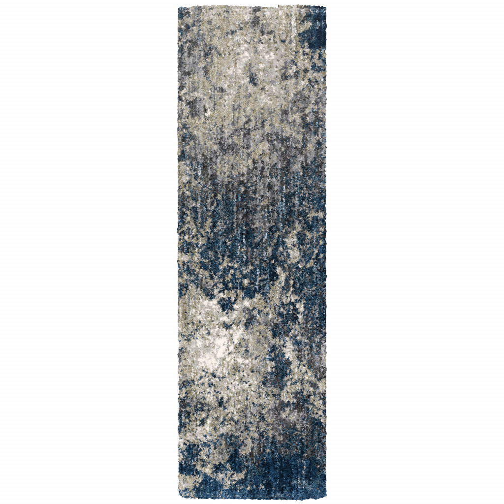 2" X 8" Blue And Grey Abstract Shag Power Loom Stain Resistant Runner Rug