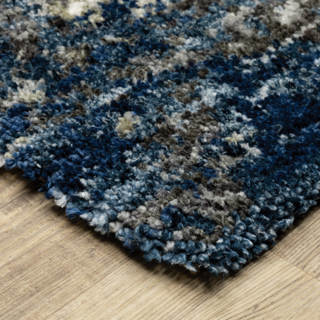 2" X 8" Blue And Grey Abstract Shag Power Loom Stain Resistant Runner Rug