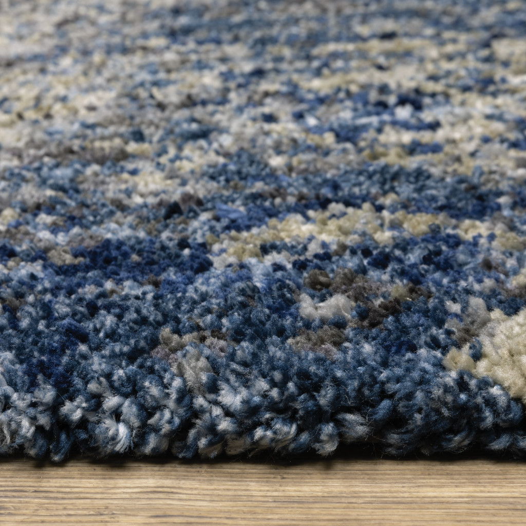 2" X 8" Blue And Grey Abstract Shag Power Loom Stain Resistant Runner Rug