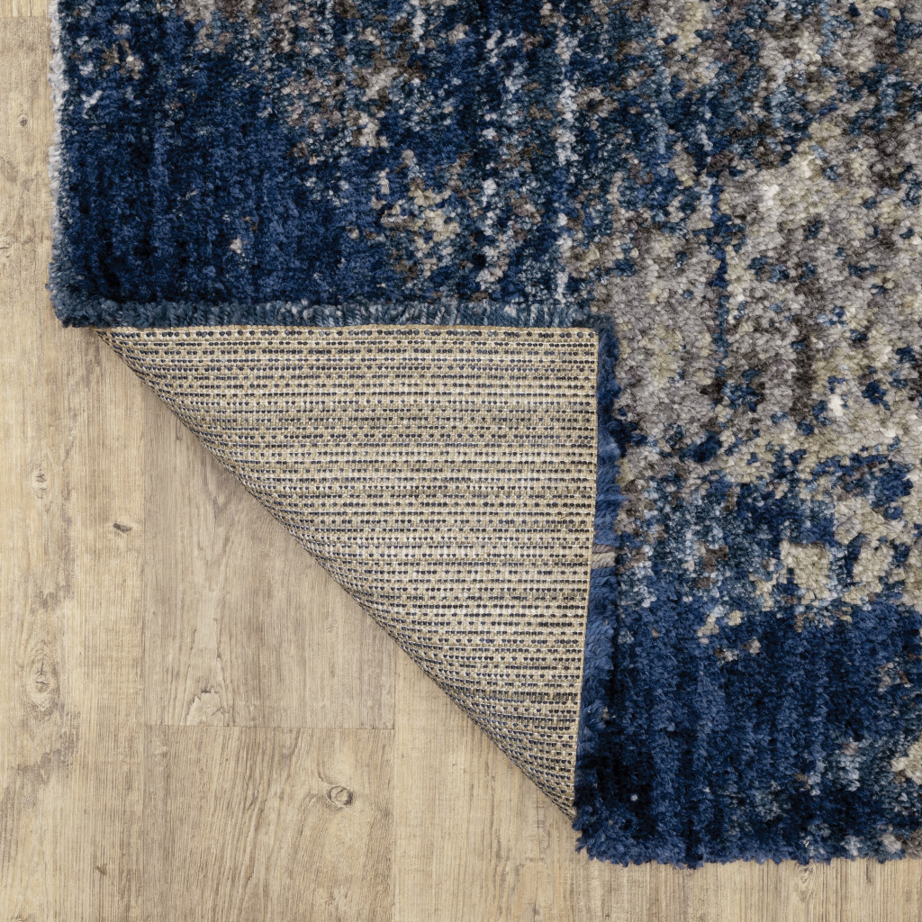2" X 8" Blue And Grey Abstract Shag Power Loom Stain Resistant Runner Rug