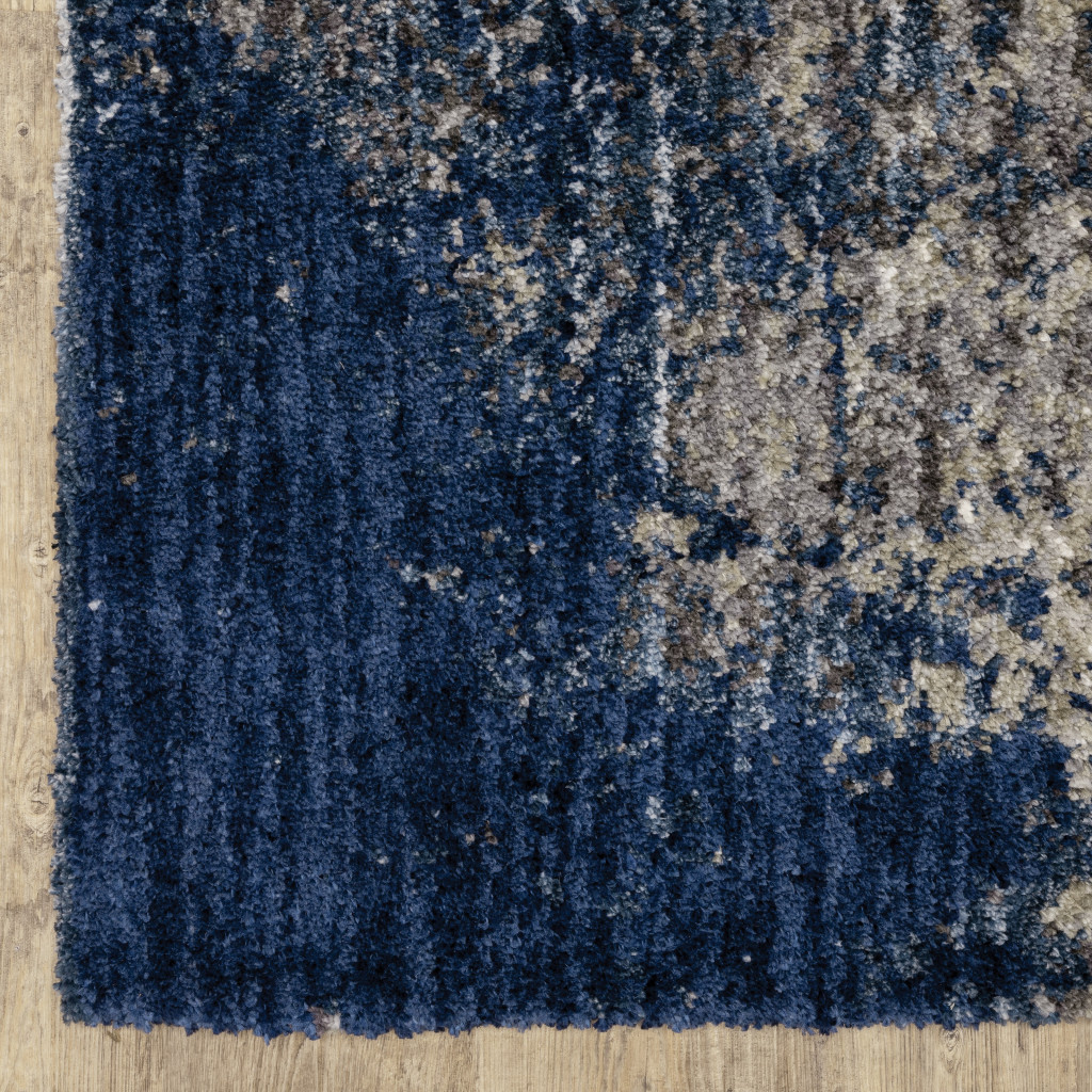 2" X 8" Blue And Grey Abstract Shag Power Loom Stain Resistant Runner Rug