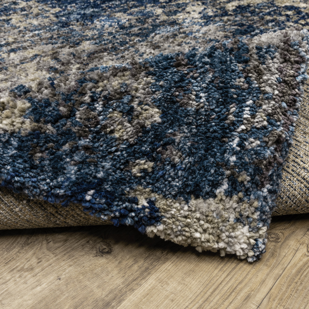 2" X 8" Blue And Grey Abstract Shag Power Loom Stain Resistant Runner Rug