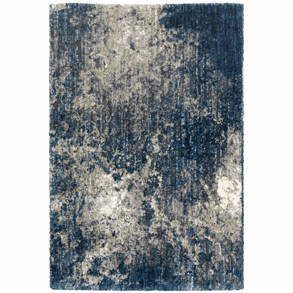 5" X 8" Blue And Grey Abstract Shag Power Loom Stain Resistant Area Rug