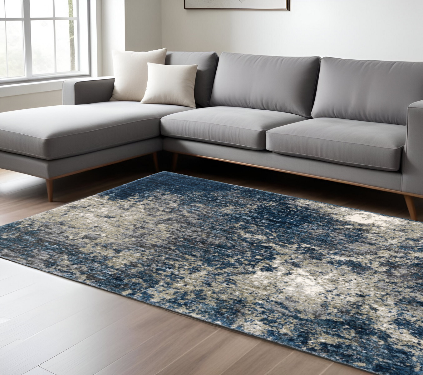 7" X 10" Blue and Gray Abstract Shag Power Loom Area Rug