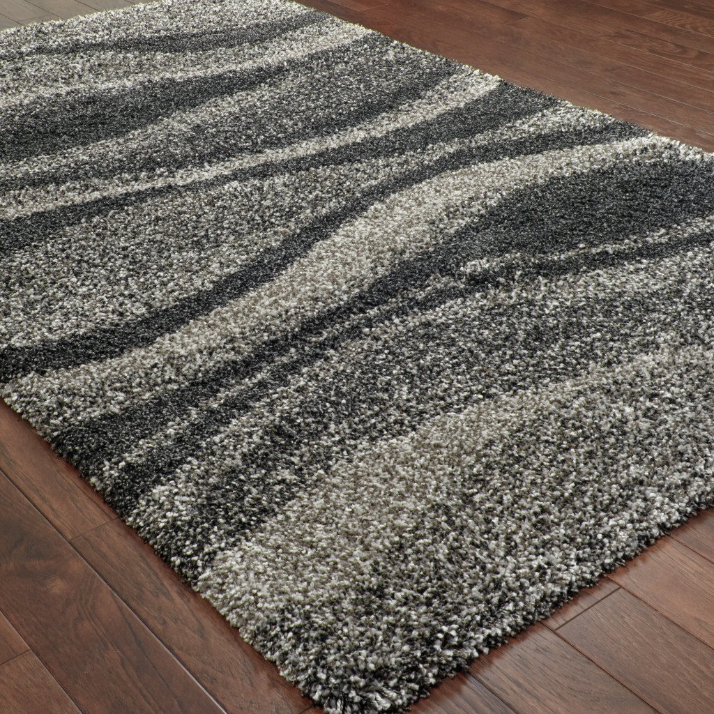5" X 8" Charcoal Silver And Grey Abstract Shag Power Loom Stain Resistant Area Rug