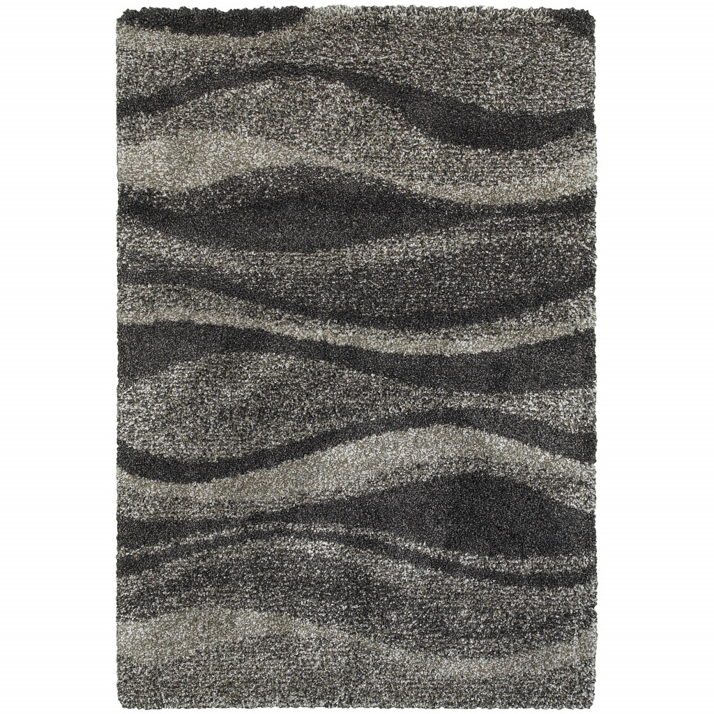 8" X 11" Charcoal Silver And Grey Abstract Shag Power Loom Stain Resistant Area Rug