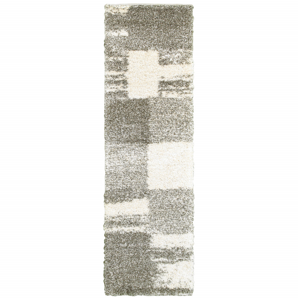 2 X 8 gray And Ivory geometric Shag Power Loom Runner Rug