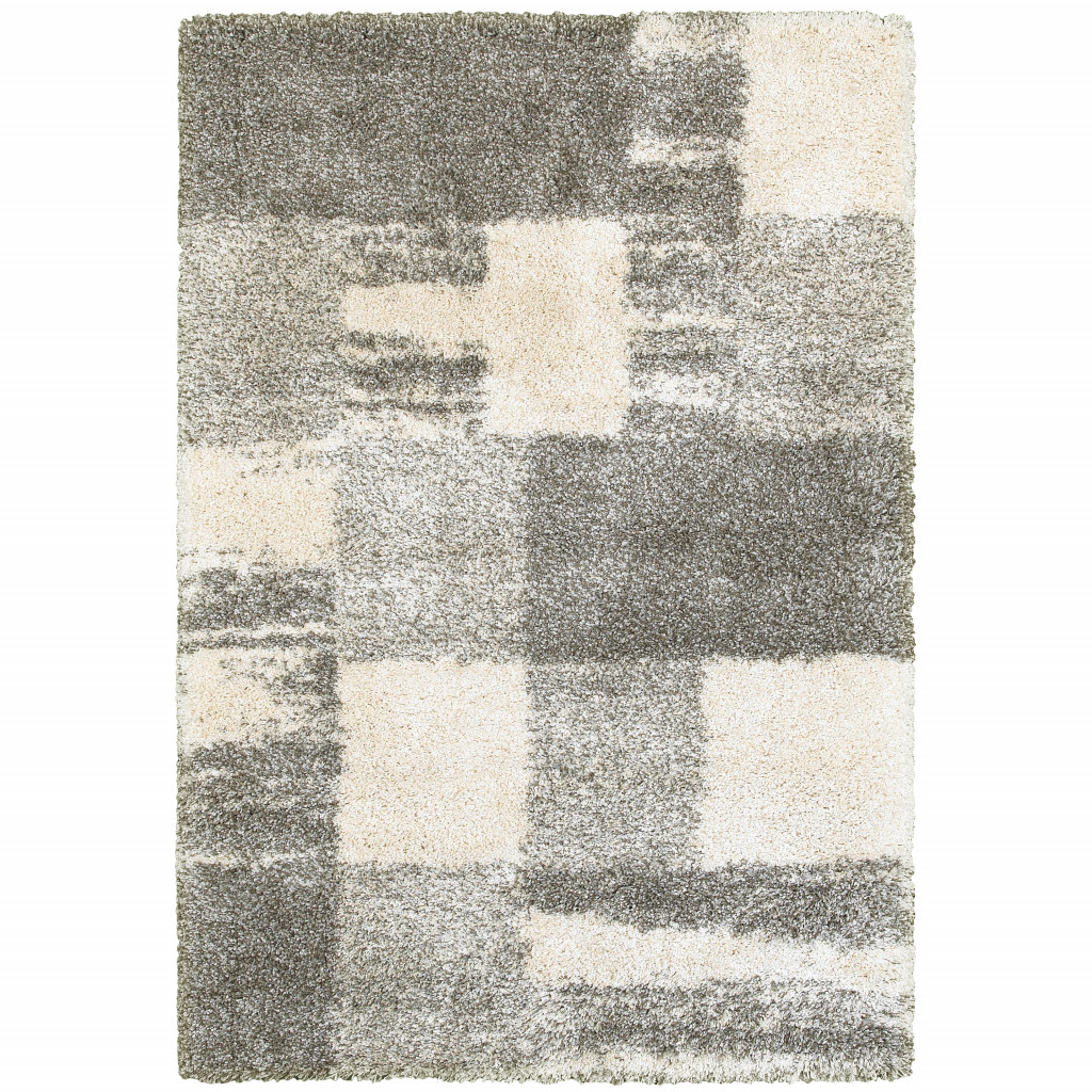 6" X 9" Grey Ivory And Silver Geometric Shag Power Loom Stain Resistant Area Rug