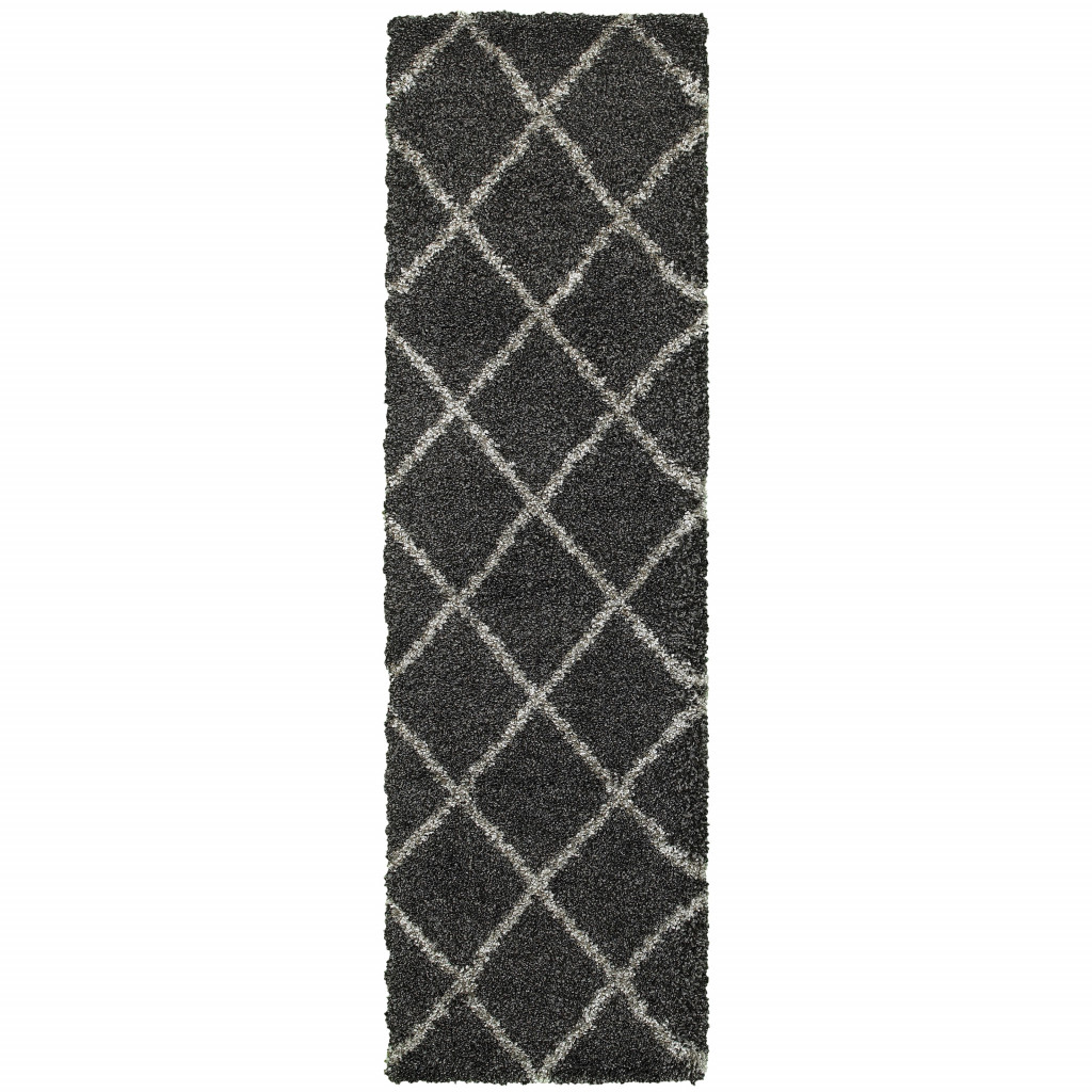 2" X 8" Charcoal And Grey Geometric Shag Power Loom Stain Resistant Runner Rug