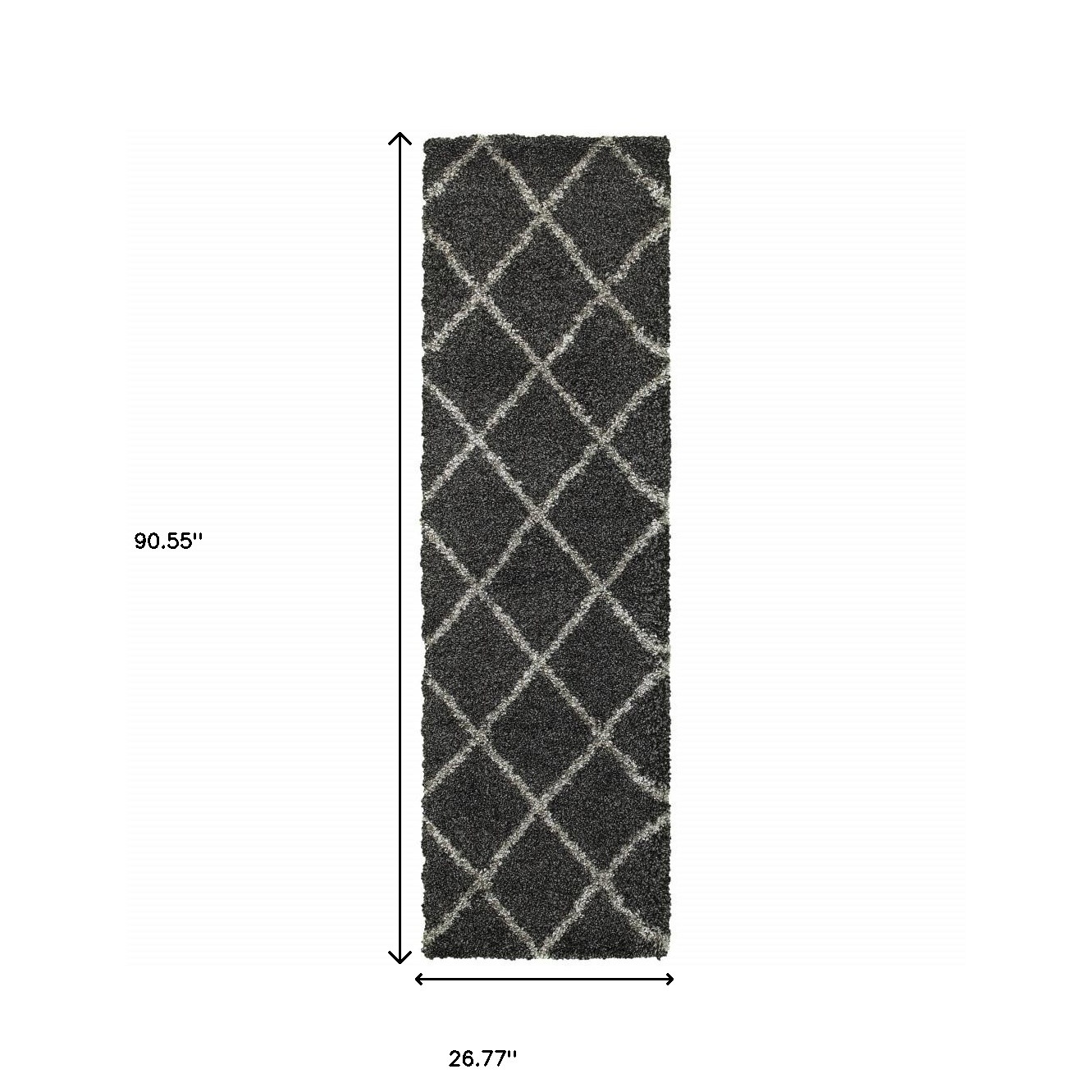 2" X 8" Charcoal And Grey Geometric Shag Power Loom Stain Resistant Runner Rug