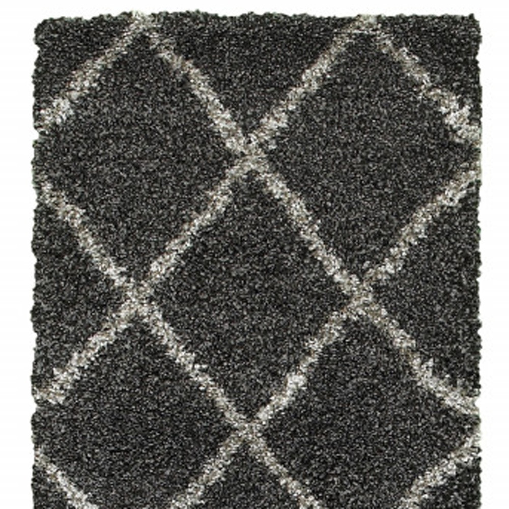 2" X 8" Charcoal And Grey Geometric Shag Power Loom Stain Resistant Runner Rug