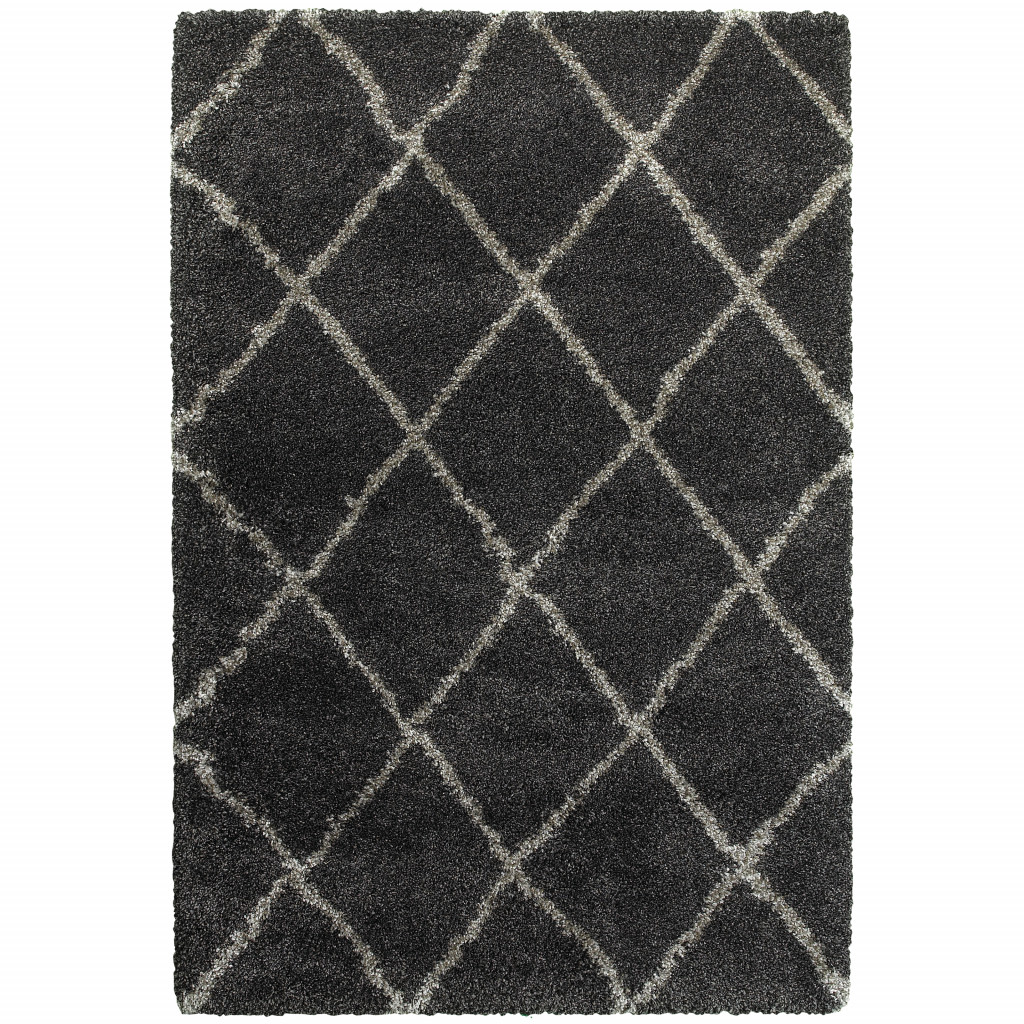 10" X 13" Charcoal And Grey Geometric Shag Power Loom Stain Resistant Area Rug