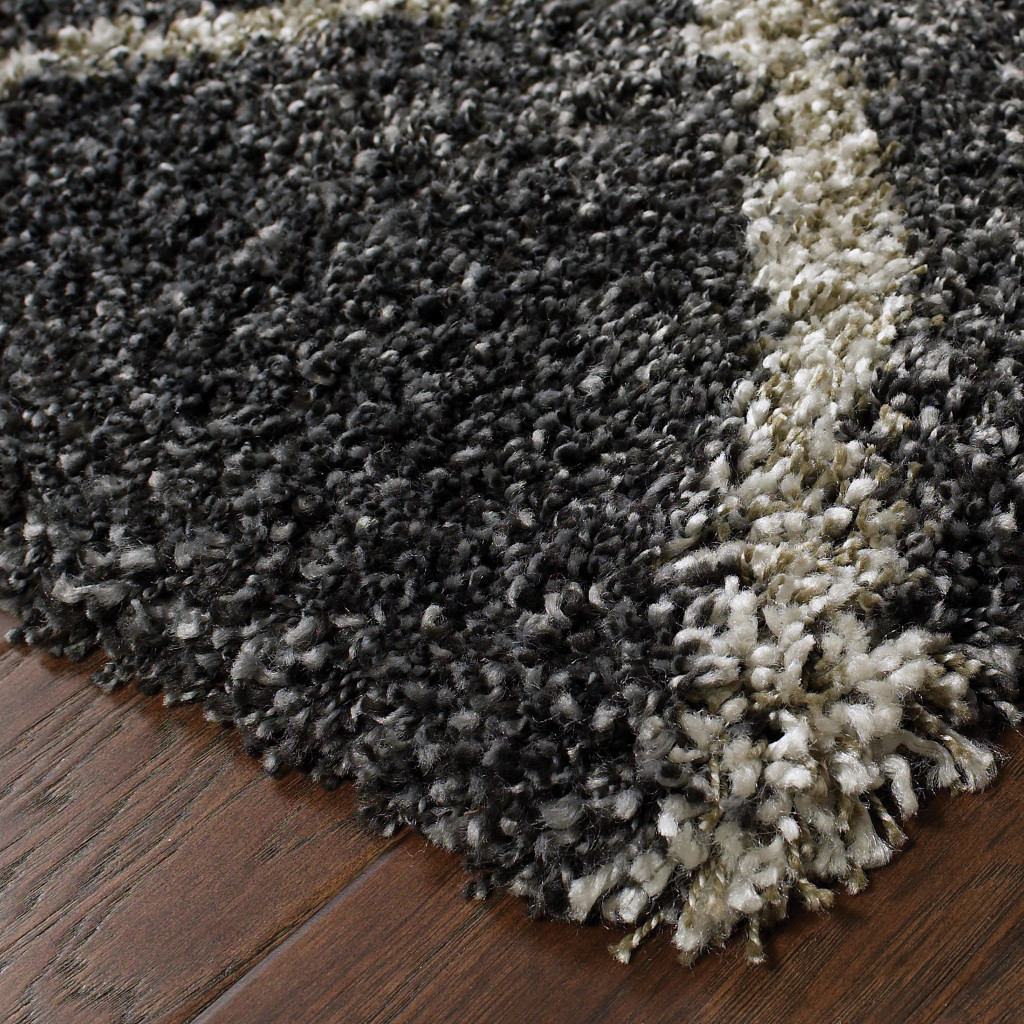 10" X 13" Charcoal And Grey Geometric Shag Power Loom Stain Resistant Area Rug