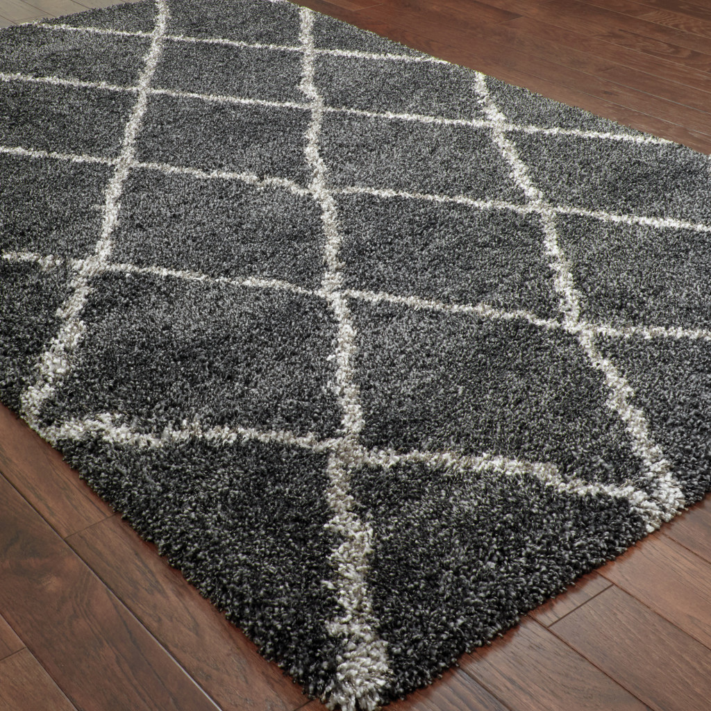 10" X 13" Charcoal And Grey Geometric Shag Power Loom Stain Resistant Area Rug