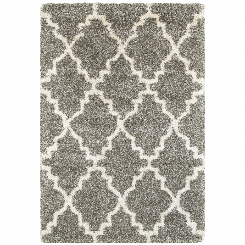 2" X 3" Grey And Ivory Geometric Shag Power Loom Stain Resistant Area Rug