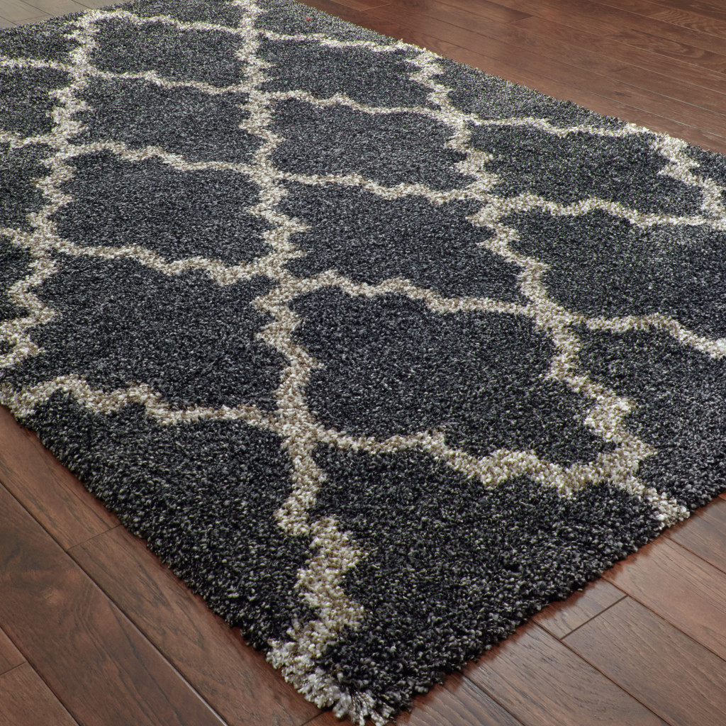 4" X 6" Charcoal And Grey Geometric Shag Power Loom Stain Resistant Area Rug