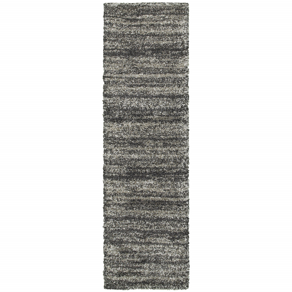 8" Black and Gray Geometric Shag Power Loom Runner Rug